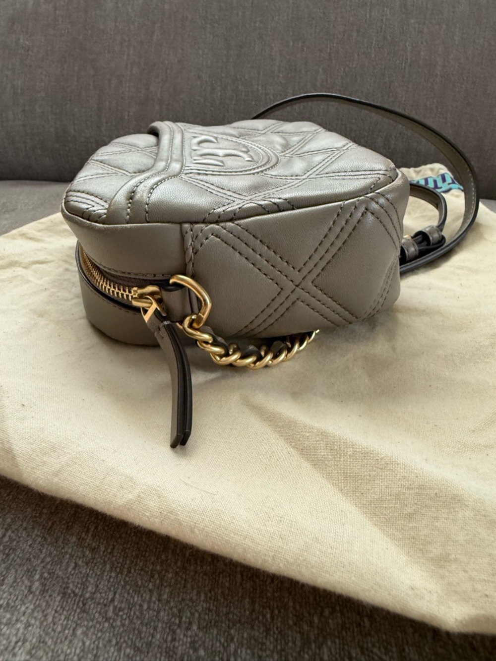 Gray Quilted Leather Crossbody Bag with Chain Strap - Picture 6 of 10